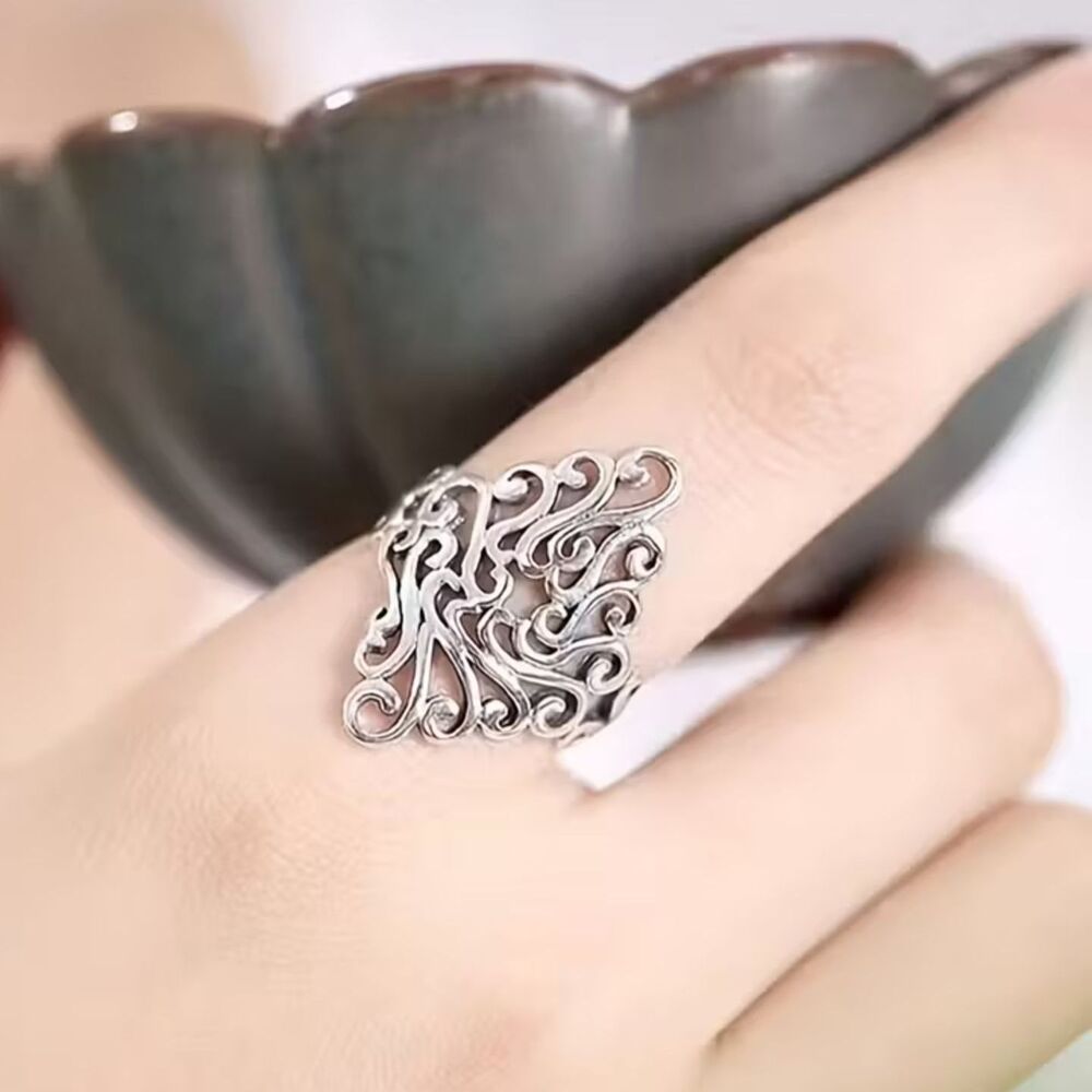 Silver Filigree Knuckle Marquise Ring Full Finger Y2K New Adjustable Retro Boho